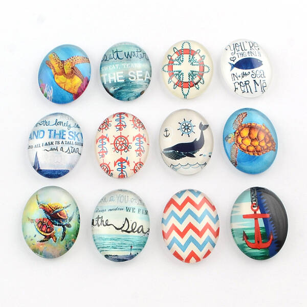 Sea Theme Pattern Glass Oval Flatback Cabochons for DIY Projects