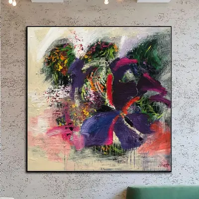 Colorful Original Abstract Painting in Beige, Purple and Green Colors Modern Abstract Fine Art Acrylic Handmade Artwork | FLO...