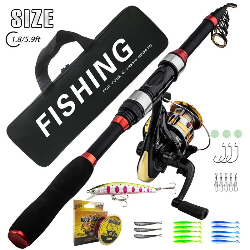 1.8m Telescopic Fishing Rod & Spinning Reel & Fishing Bag & Fishing Lure Kit, Portable Outdoor Fishing Accessories Set, Fishi...