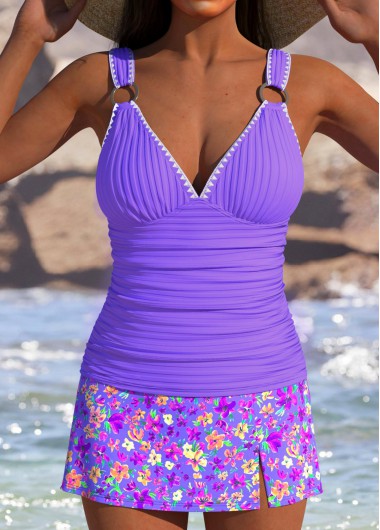 Modlily High Waisted Floral Print Light Purple Tankini Set - L