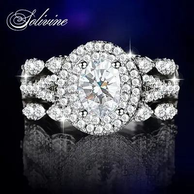 SOLIVINE 3CT Oval Cut Halo Ring – 925 Silver Jewelry, Sparkling 5A Cubic Zirconia Cluster Design, Vintage Style Engagment R...