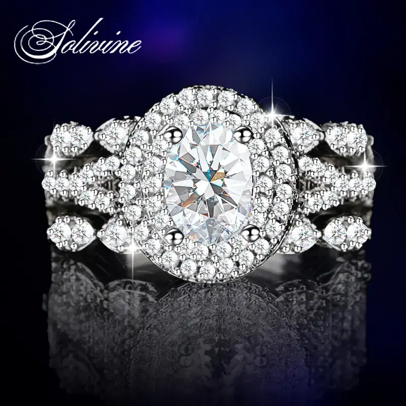 SOLIVINE 3CT Oval Cut Halo Ring – 925 Silver Jewelry, Sparkling 5A Cubic Zirconia Cluster Design, Vintage Style Engagment R...