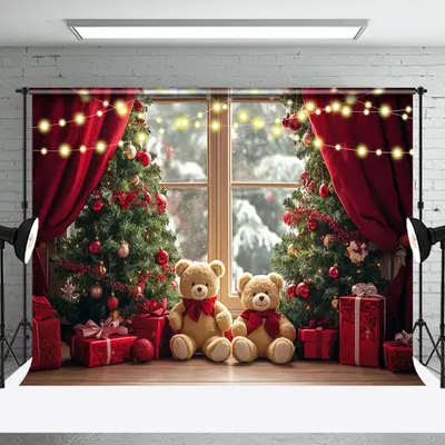 Blurry Window Red Curtain Bear Christmas Backdrop - Aperturee