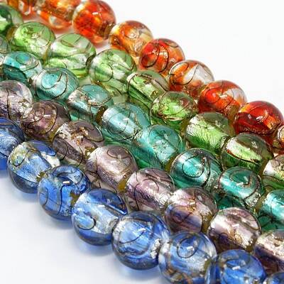 Handmade Silver Foil Glass Lampwork Round Beads Strands