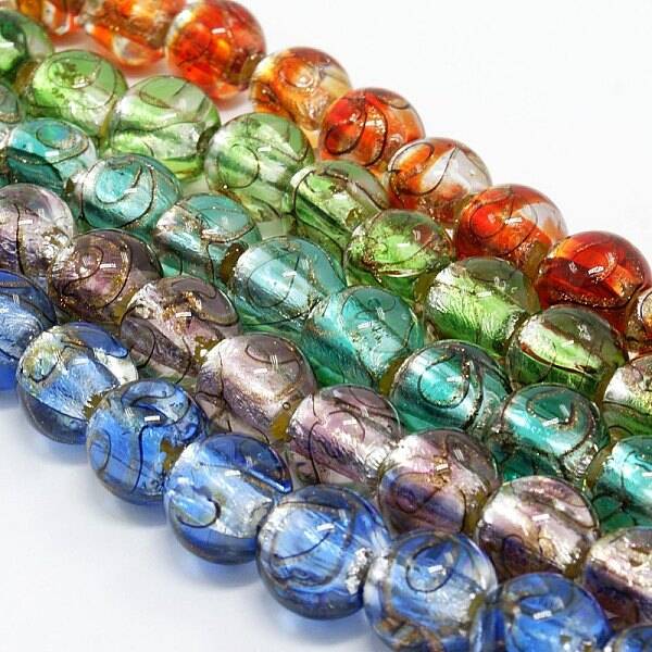 Handmade Silver Foil Glass Lampwork Round Beads Strands
