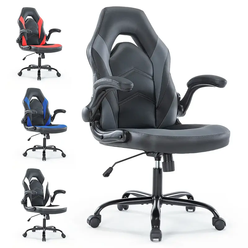 Computer Gaming Desk Chair, Ergonomic Office Executive Adjustable Swivel Task PU Leather Racing Chair with Flip-up Armrest fo...