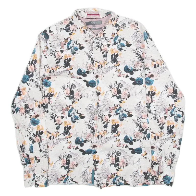 TED BAKER Modern Fit Mens Shirt White Floral Long Sleeve M