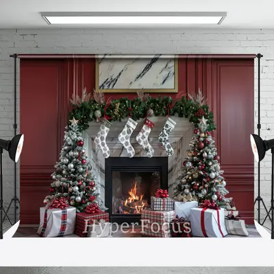 Red Vintage Wall Fireplace Christmas Vibe Backdrop - Aperturee