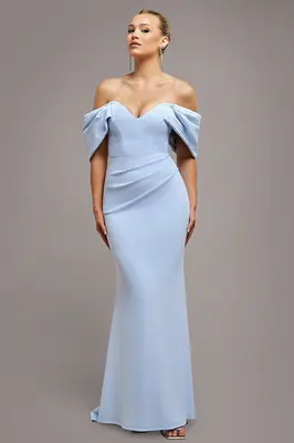 Goddiva Off The Shoulder Draped Sleeve Maxi Dress - Blue