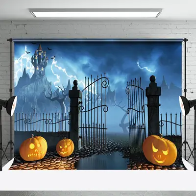 Dark Blue Lightning Rainy Night Manor Halloween Backdrop