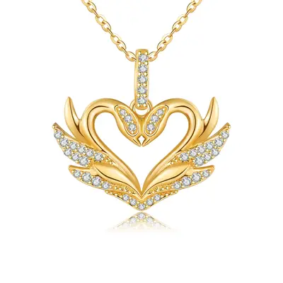 14K Yellow Gold Circular Moissanite Swan & Heart Pendant Necklace