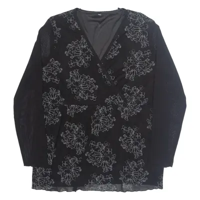 Womens Printed Top Black V-Neck Long Sleeve Floral 3XL