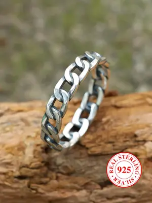 S925 Sterling Silver Vintage Punk Chain Design Ring, Fashion Hollow Out Ring for Party, Daily Decor, Trendy All-match & Exqui...