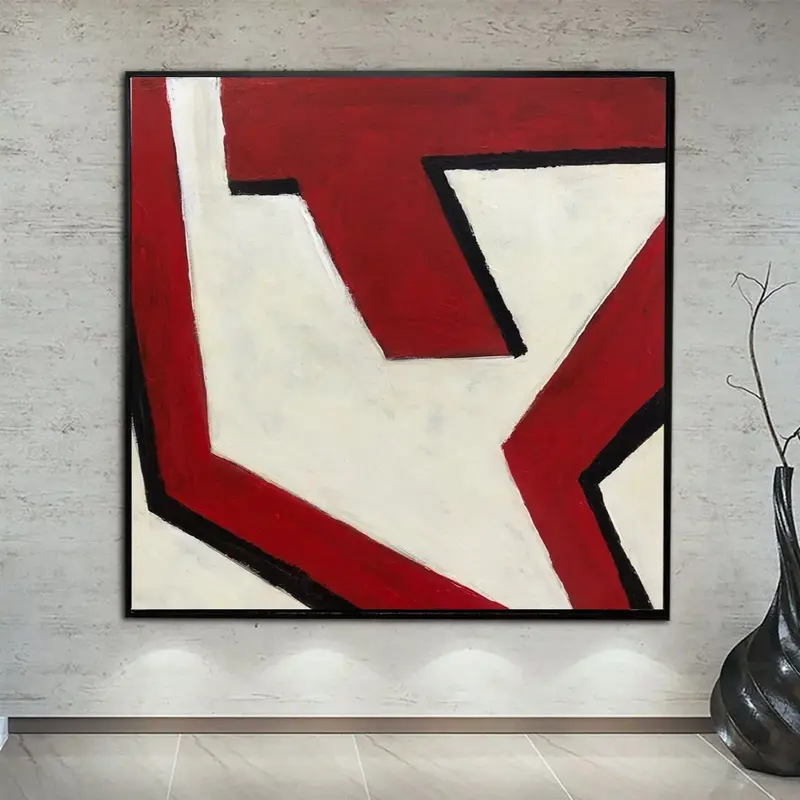 Large Abstract Red Lines Paintings On Canvas 20th Anniversary Gift Minimalist Art 40x40 Modern Wall Art Library Decor Home Wa...
