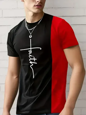 Men's Letter Print Round Neck T-shirt, Regular Fit Casual Colorblock Short Sleeve Tee, Men's Summer Top for Everyday Wear
