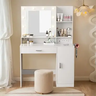 FURMAX Vanity Desk with Lights and Mirror Makeup Vanity Table Set with Cabinet and Power Outlet, White