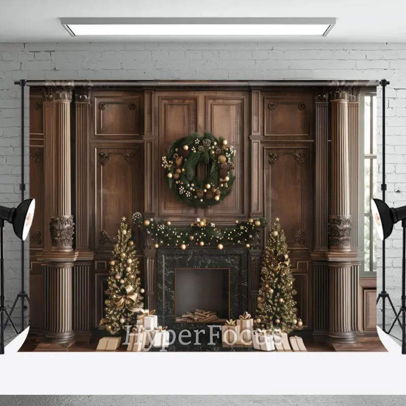 Brown Retro Palace Wall Fireplace Christmas Backdrop - Aperturee