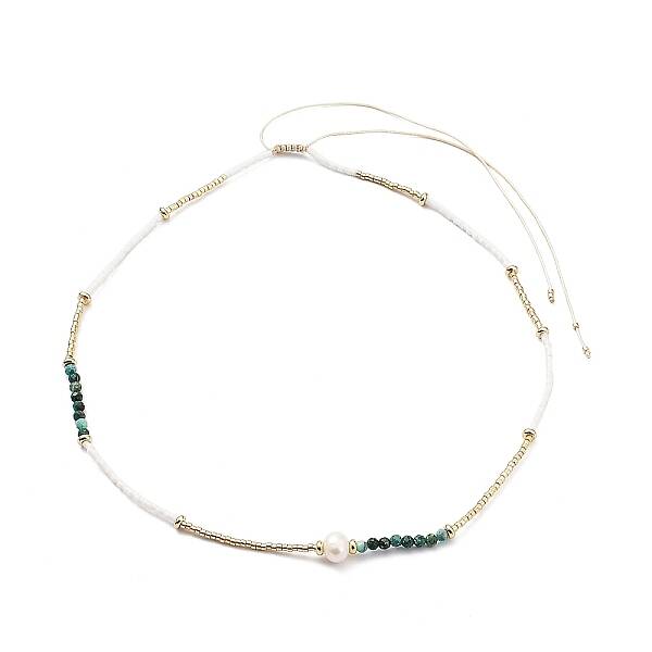 Adjustable Miyuki Seed & Pearl & Natural African Turquoise Beaded Necklaces