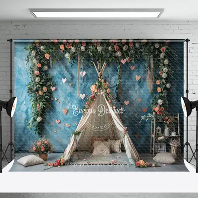 Abstract Blue Tent Greenery Floral Wedding Backdrop