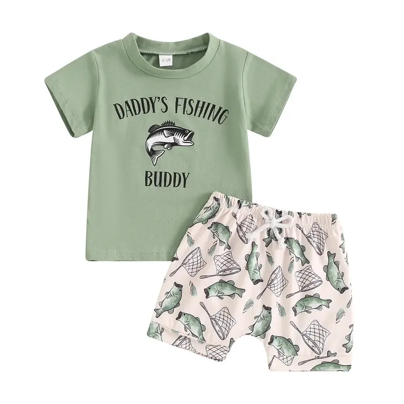Toddler Baby Boys Fish Outfits Set Short Sleeve Daddy's Fishing Buddy T-shirt Fish Shorts 2Pcs Set Father Gift Clothes for Ba...