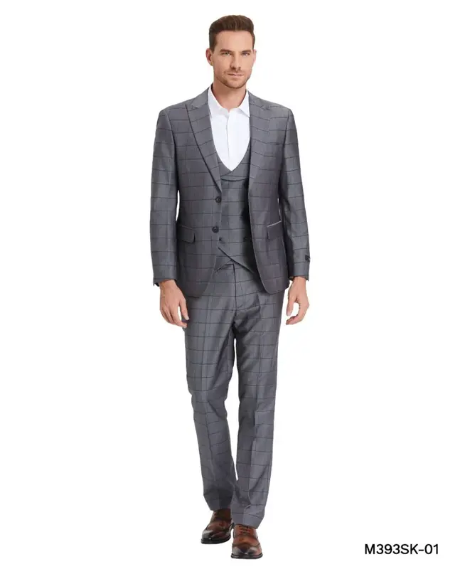 Tazio Men's Skinny Fit 3 Piece Suit Tone on Tone Windowpane