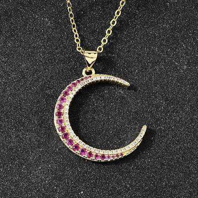 Brass Micro Pave Hot Pink Cubic Zirconia Moon Pendant Necklaces for Women