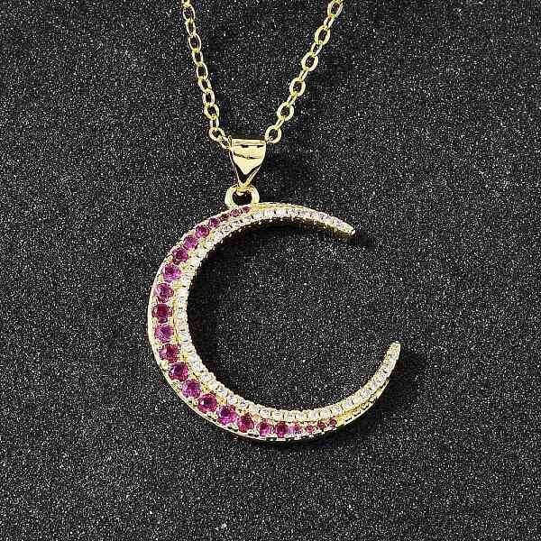 Brass Micro Pave Hot Pink Cubic Zirconia Moon Pendant Necklaces for Women