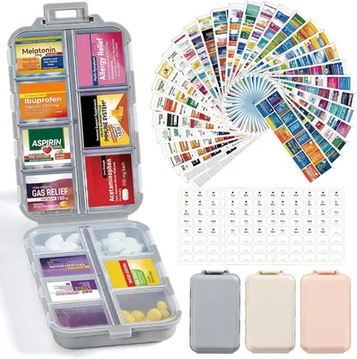 14 Grids Travel Pill Medicine Organizer Box with 415 Pcs Labels - Pocket Daily Reminder Case Container Kit - Healthcare Medic...