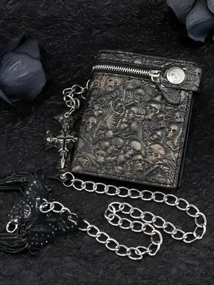 Punk Style Skull Design Textured Bifold Wallets for Men, Fashionable Cross Charm Chain Wallet Purses, Casual Trendy Versatile...