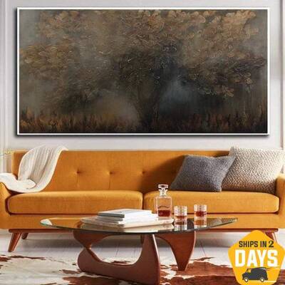 Abstract Tree of Life Painting Canvas Deep Brown Painting Nature Wall Art Hand Painted Art Wall Hanging Decor over Fireplace ...
