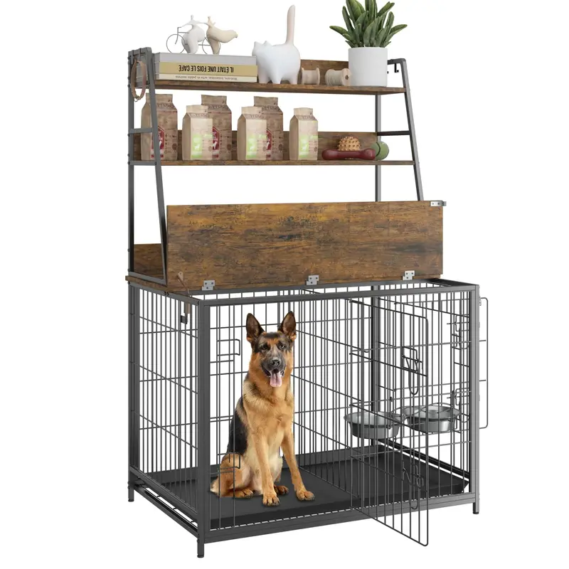 Garvee Wooden Dog Crate Furniture with Storage Shelves, Removable Tray, Double Doors, Adjustable Bowls and Flip-up Top, Brown