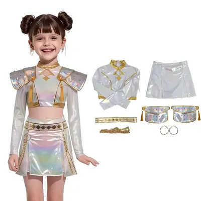 Viral KPop Dance Skirt Outfit Set for Girls, Sparkly Top and Skirt Costume for Halloween Performance Party