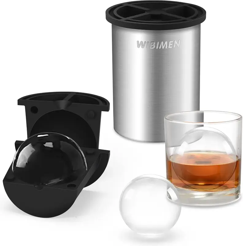 WIBIMEN 304 Stainless Steel Ice Ball Molds – Vacuum Insulated Silicone Sphere Makers for Whiskey, Cocktails, Coffee & Reusa...