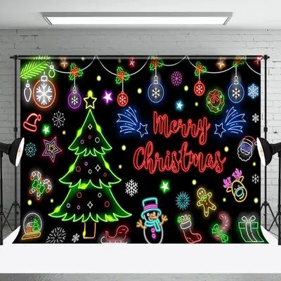 Aperturee Bells Trees Snowflake Neon Merry Christmas Backdrop - Aperturee