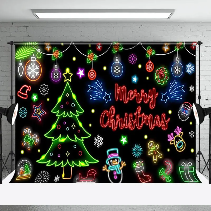 Aperturee Bells Trees Snowflake Neon Merry Christmas Backdrop - Aperturee