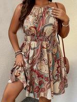 【Plus Size】 All Over Print Dress, Bohemian Fashion Casual Sleeveless Dress for Daily Holiday Vacation Wear, Women Plus Cl...