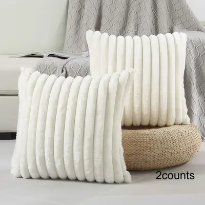 Solid Color Faux Fur Throw Pillow Cover, 2 Counts Soft Comfortable Striped Decorative Cushion Cover without Filler, Household...