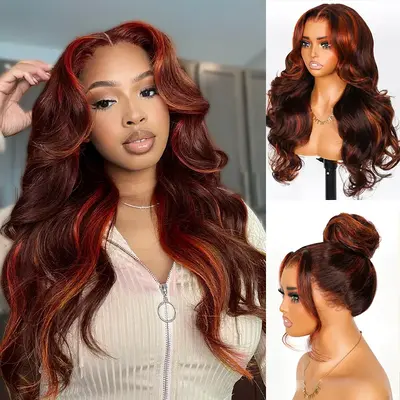Salon Layer Cut Ginger Highlights On Brown Hair 360 Lace Frontal Invisi Strap Skin Lace InvisiDrawstring Snug Fit Body Wave H...