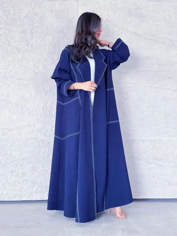 Women's Solid Color Long Sleeve Open Front Abaya, Elegant Lapel Neckline Long Dress for Muslim, Ladies Islamic Clothing for A...