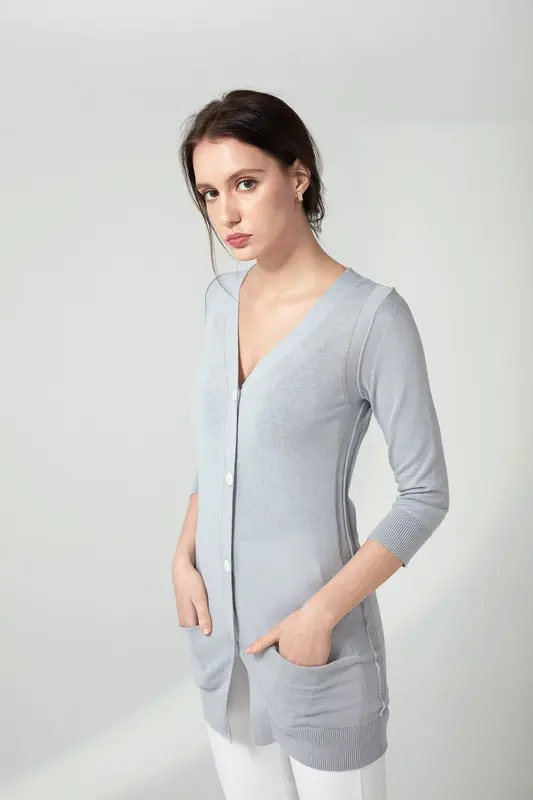 Long V-neck Cardigan - Grey Pearl | Size: XS
