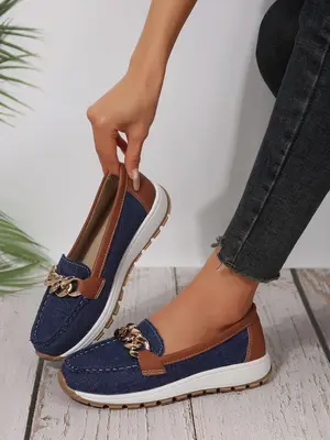 Women's Fashionable Colorblock Chain Decor Slip on Loafers, Casual Comfortable Flat Shoes for Daily Wear, Lightweight Breatha...