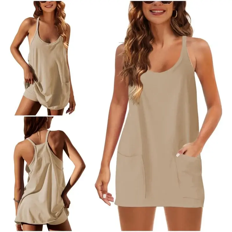 Womens Athletic Sleeveless Mini Dress with Built-in Shorts V Neck Spaghetti Strap Short Tennis Dress with Pockets