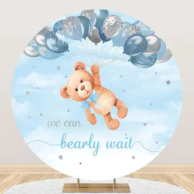 Silver Blue Balloon Bear Round Baby Shower Backdrop - Aperturee