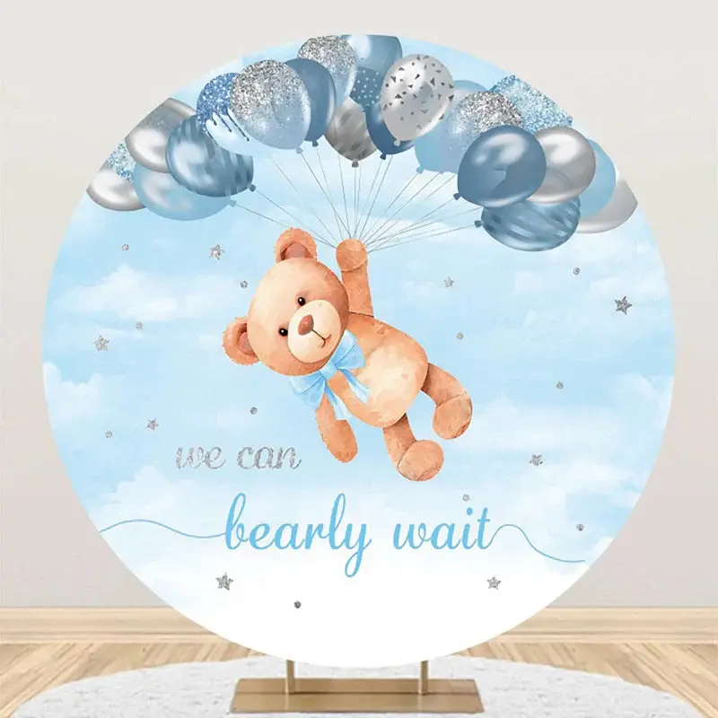 Silver Blue Balloon Bear Round Baby Shower Backdrop - Aperturee