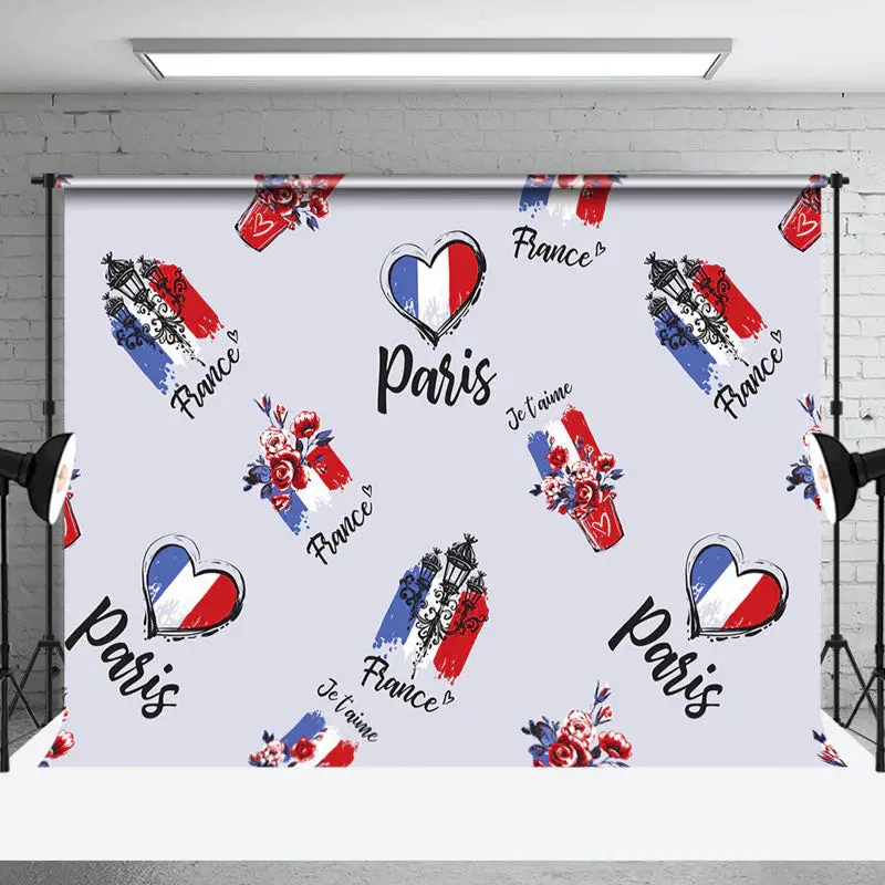 Floral French Flag Heart Paris Je T Aime Backdrop