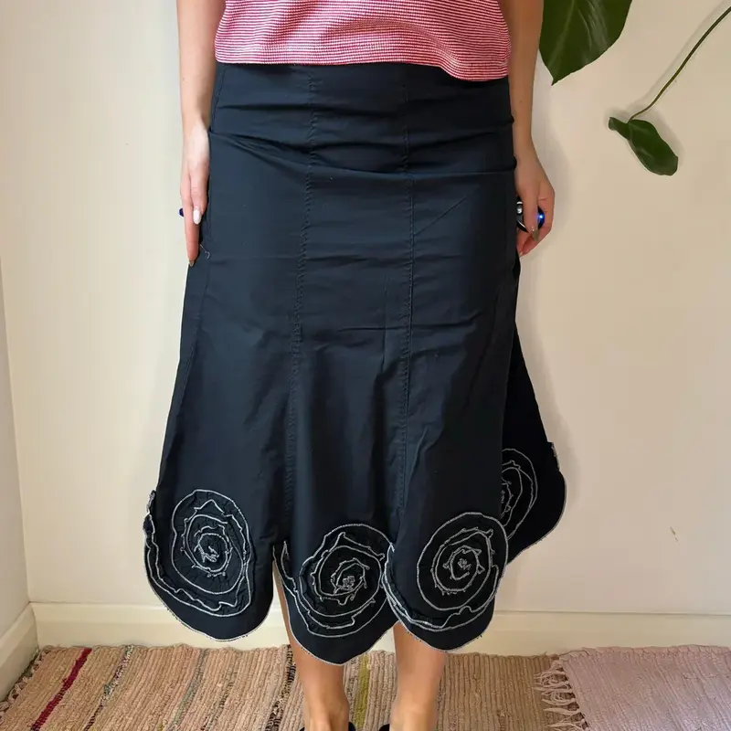 Le Piccinotti Embroidered Midi Skirt - 26W UK 6 Black Cotton