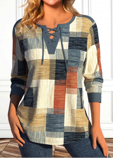 Modlily Multi Color Lace Up Geometric Print T Shirt - M