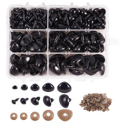 238pcs 5 Sizes 6-19mm Black Plastic Safety Noses with Washers for Doll Teddy Puppet Animal Stuffed Toys DIY Making