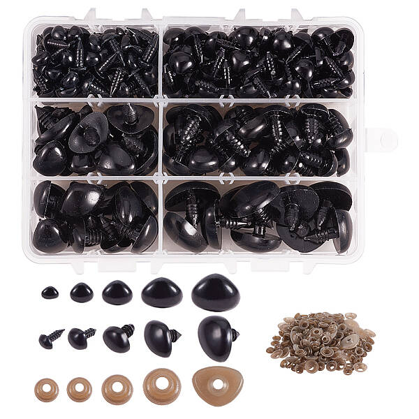238pcs 5 Sizes 6-19mm Black Plastic Safety Noses with Washers for Doll Teddy Puppet Animal Stuffed Toys DIY Making