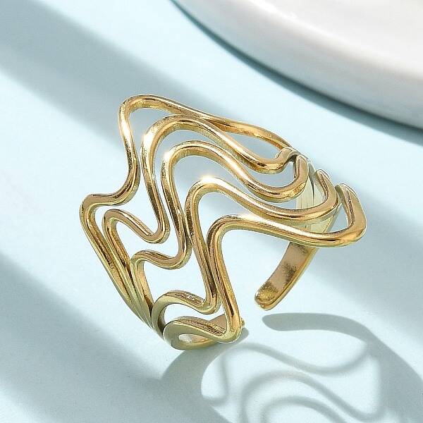 Ion Plating(IP) 304 Stainless Steel Wave Open Cuff Ring for Women